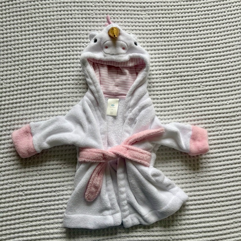 Cloud Island Unicorn Hooded Plush Robe Pink White Cozy Bathrobe Baby Girls 6–9M